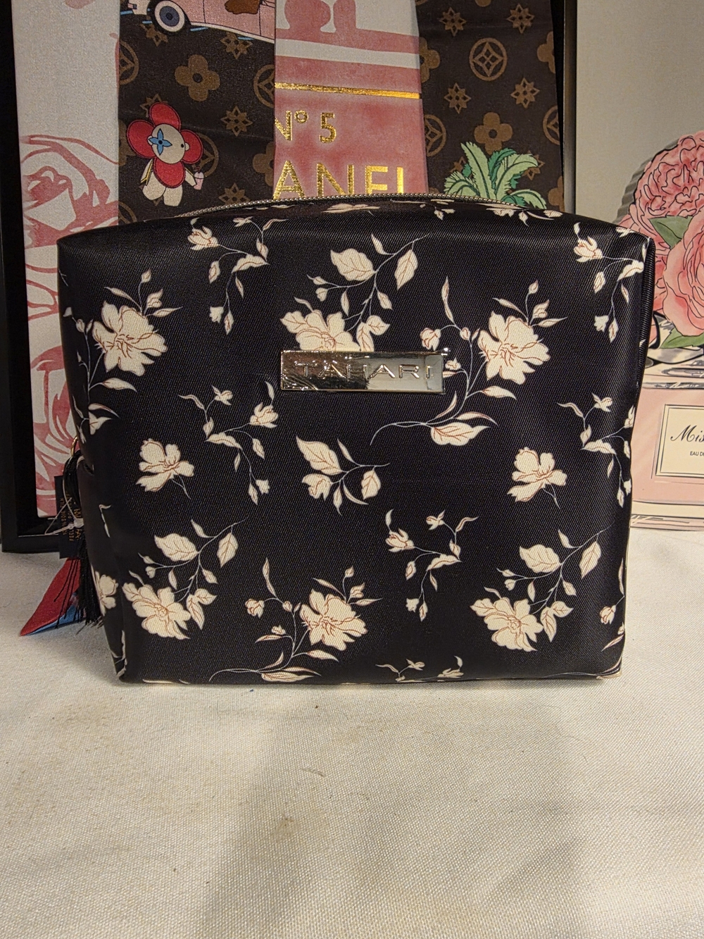 Tahari Black Cosmetic Bag with Cream Floral Print